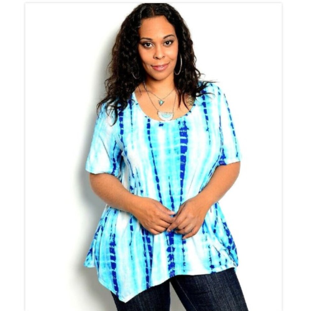 Joseph Q Ladies Asymmetrical Top Scoop Neck Blue Geometric Plus Size 2XL